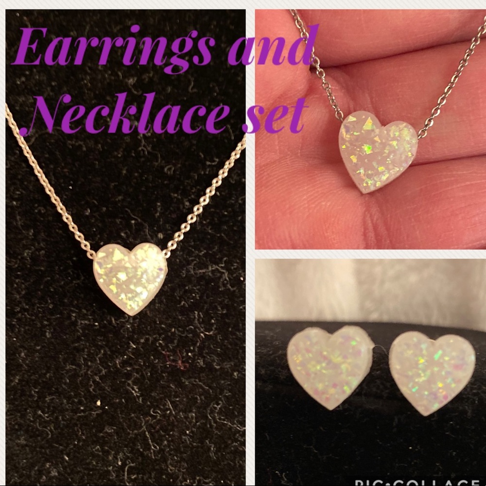 SILVER TONE WHITE ACRYLIC HEART NECKLACE SET